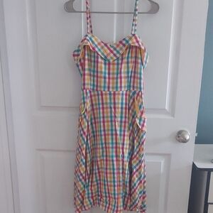 Voodoo Vixen Pink yellow Teal Gingham Spaghetti Strap Sundress